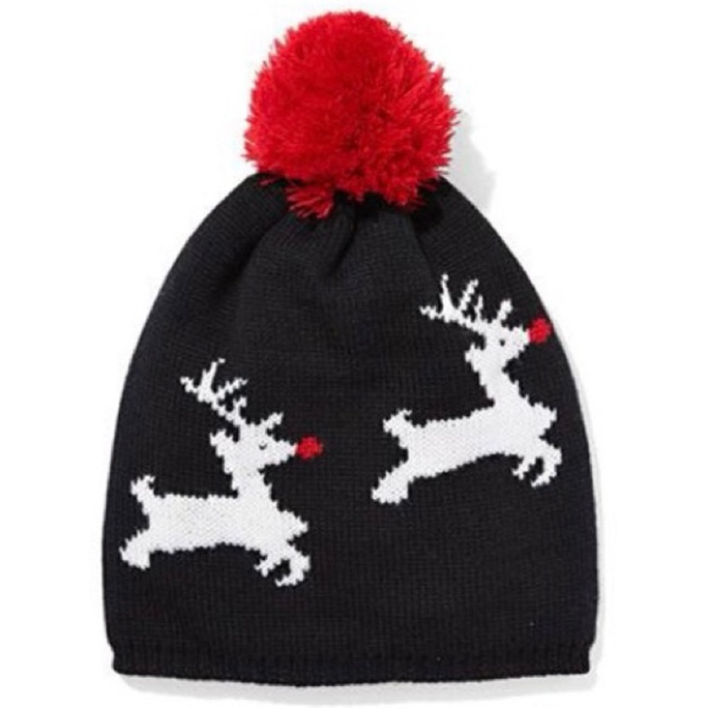 Reindeer Printed Knit Black Beanie w/ Red Pom Pom